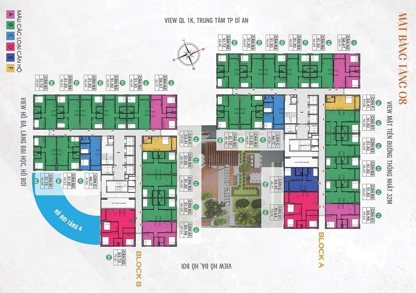 Mặt bằng tầng 8 tháp Bcons City, và từng mẫu các loại căn hộ trên mặt bằng.