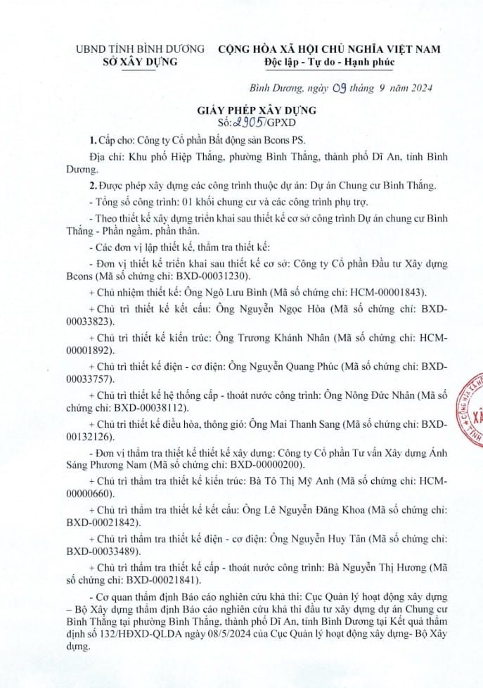 Giấy phép xây dựng dự án Bcons Avenue Bình Thắng