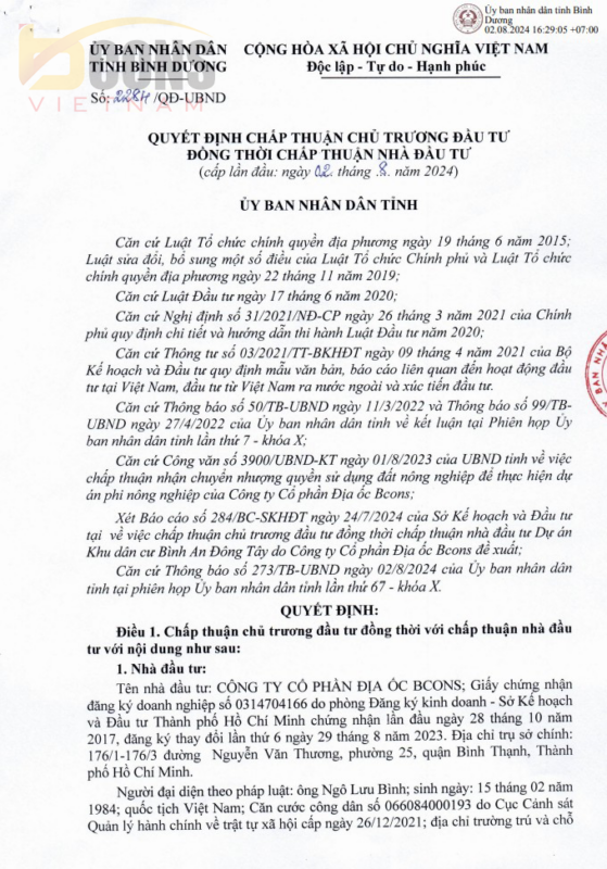 Pháp Lý Dự Án Bcons Center City (Cập Nhật 2025) – Hồ Sơ Đã Hoàn Thiện Đến Đâu? 2 Phap ly chap thuan chu truong dau tu Bcons Center City