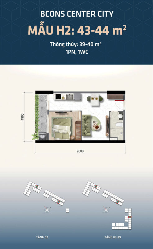 Thiết kế căn hộ Bcons Center City - Mẫu thiết kế 1pn