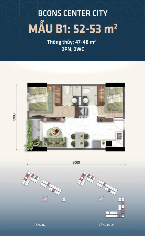 Thiết kế căn hộ Bcons Center City - Mẫu thiết kế 2pn2wc