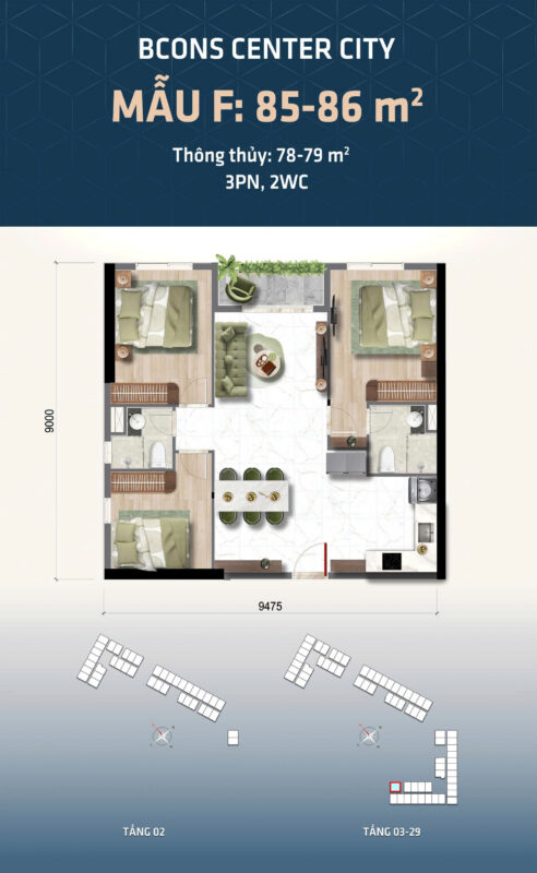 Thiết kế căn hộ Bcons Center City - Mẫu thiết kế 3pn2wc