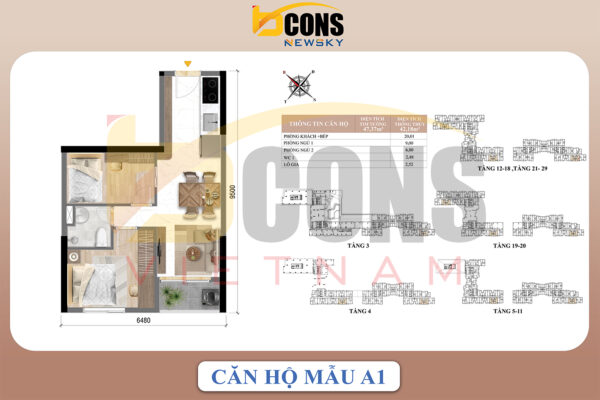 Thiết kế căn hộ Bcons New Sky - Căn hộ 2pn1wc